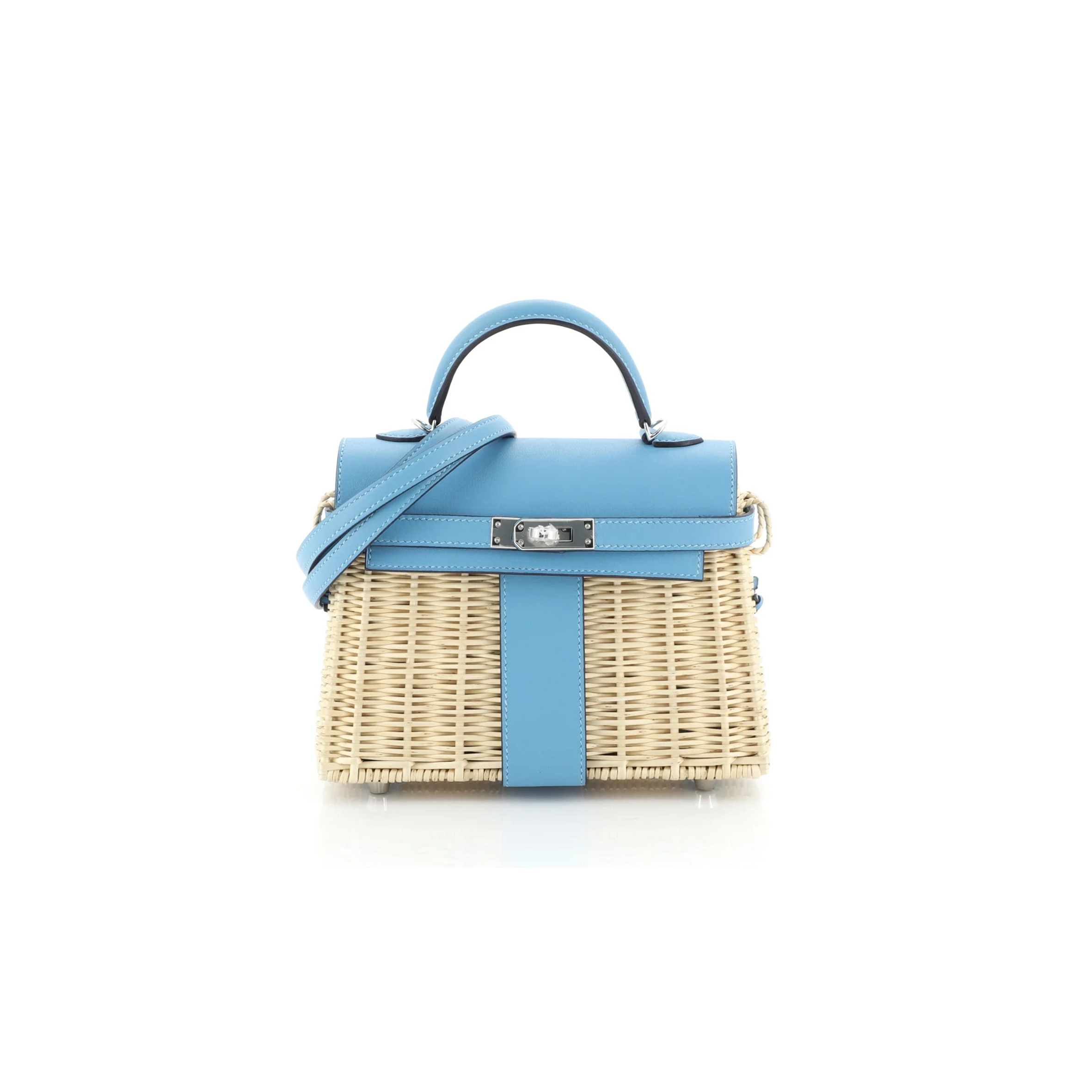 HERMÈS MASTER PICNIC MINI KELLY 20 HANDBAG BLEU DU NORD SWIFT AND WICKER WITH PALLADIUM HARDWARE (20*14*8cm)